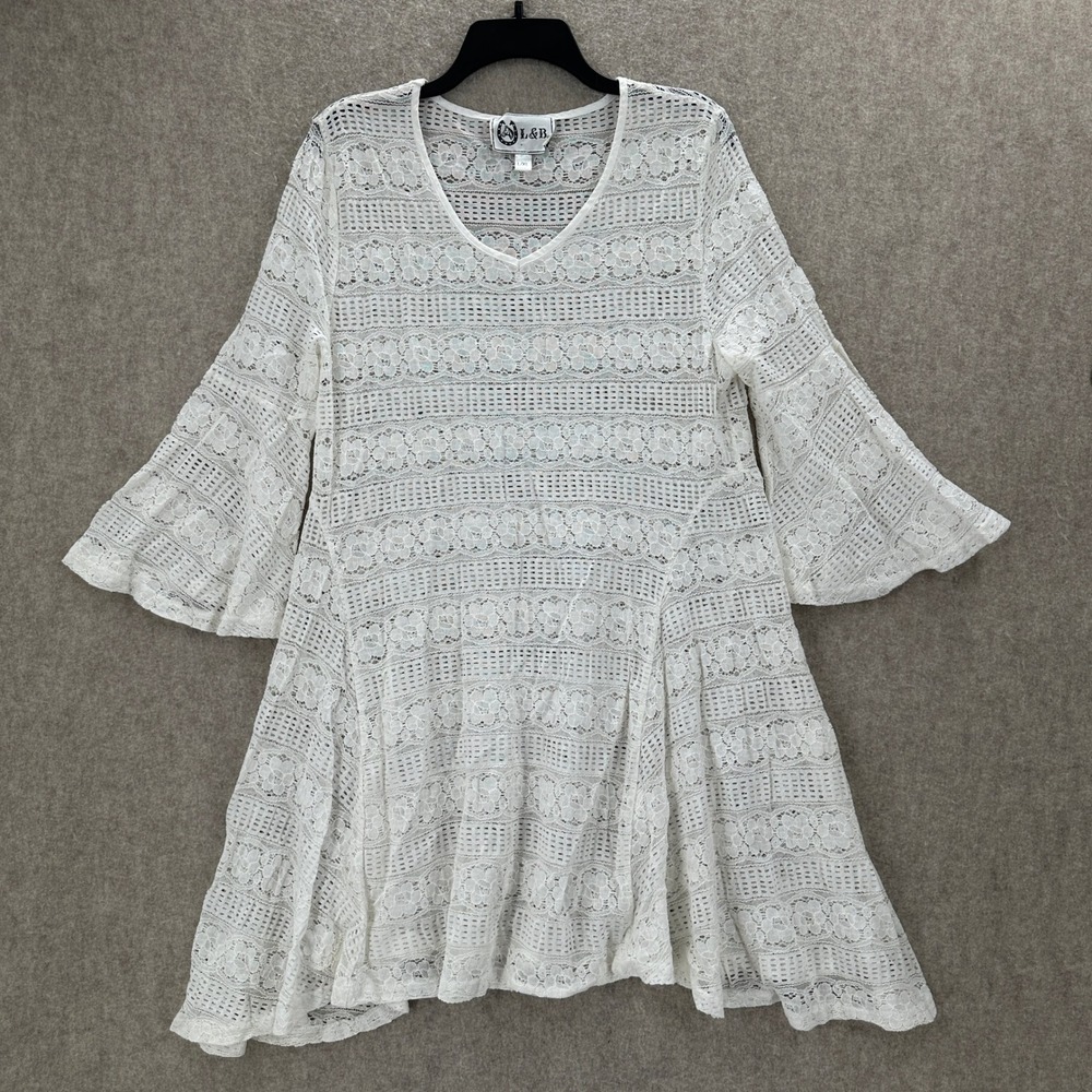 L&B Lace Tunic Dress Womens L/XL White Bell Sleeve Floral Boho V-Neck